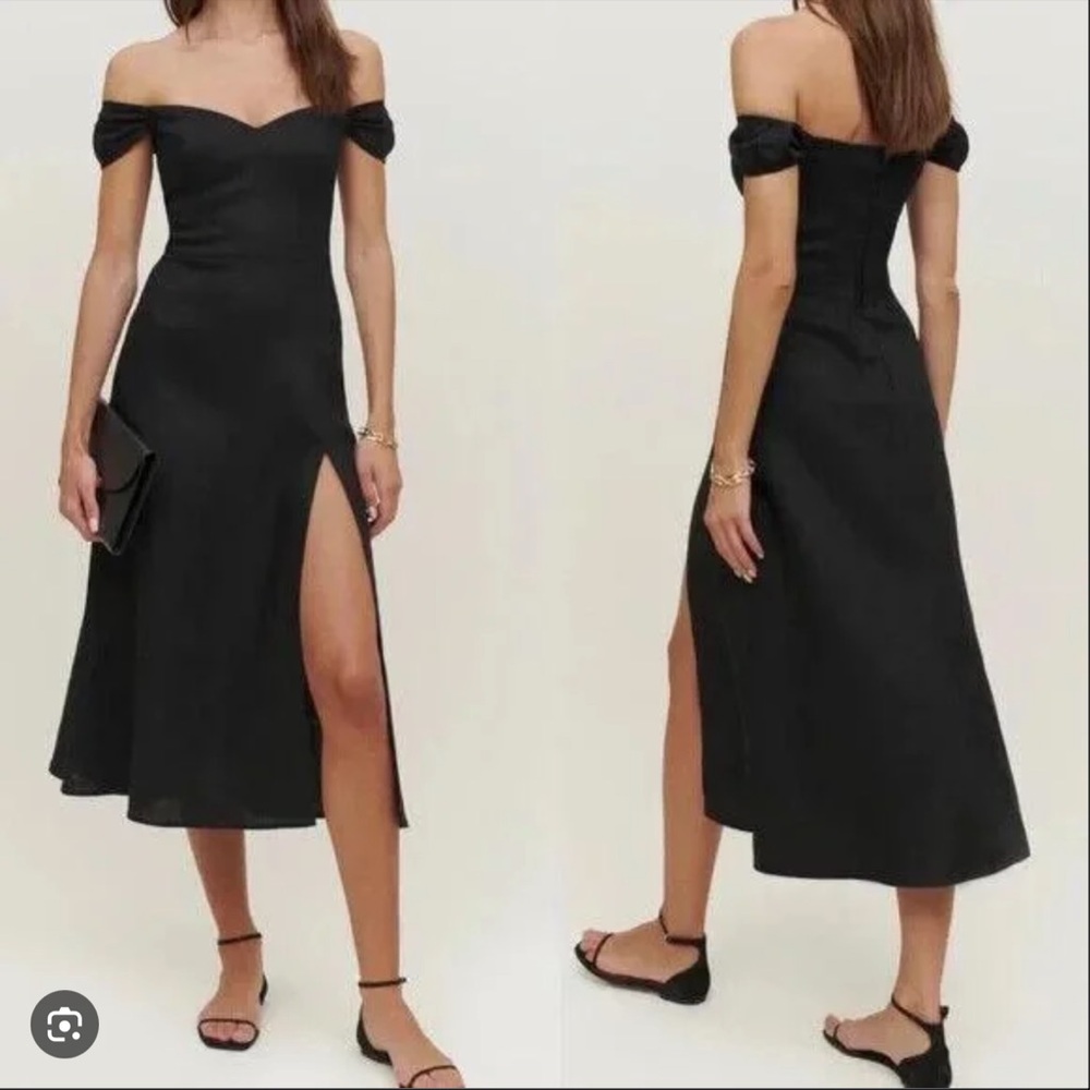 Reformation Bridgton Linen Dress‎ off the shoulder Midi in Black NWT 4